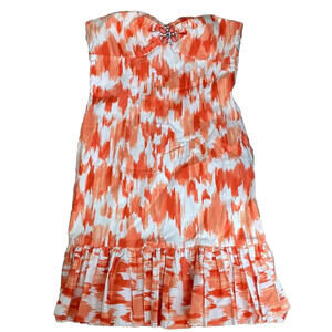 👗🟠Cache Orange White Strapless Bodycon Dress Size 6 Embellished Neckline